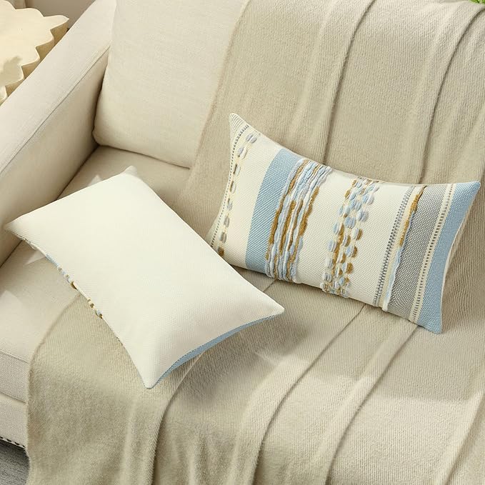 FUTEI Blue Brown Decorative Throw Pillow Covers 12x20 Inch Set of 2, Soft Tufted Striped Textured Accent Pillow Case,Boho Pillows for Couch Decor