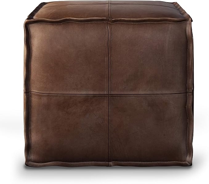SIMPLIHOME Brody Square Pouf - 18 inch Wide Upholstered Vegan Leather Ottoman in Distressed Dark Brown, Boho Footstool, Coffee Table or Extra Seating for Living Room or Bedroom, Assembled