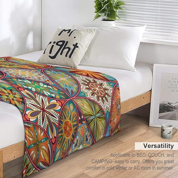 Boho Floral Throw Blanket Colorful Mandala Bohemian Indian Hippie Vintage Blanket for Sofa Bed Couch Chair or Dorm 40"x50"