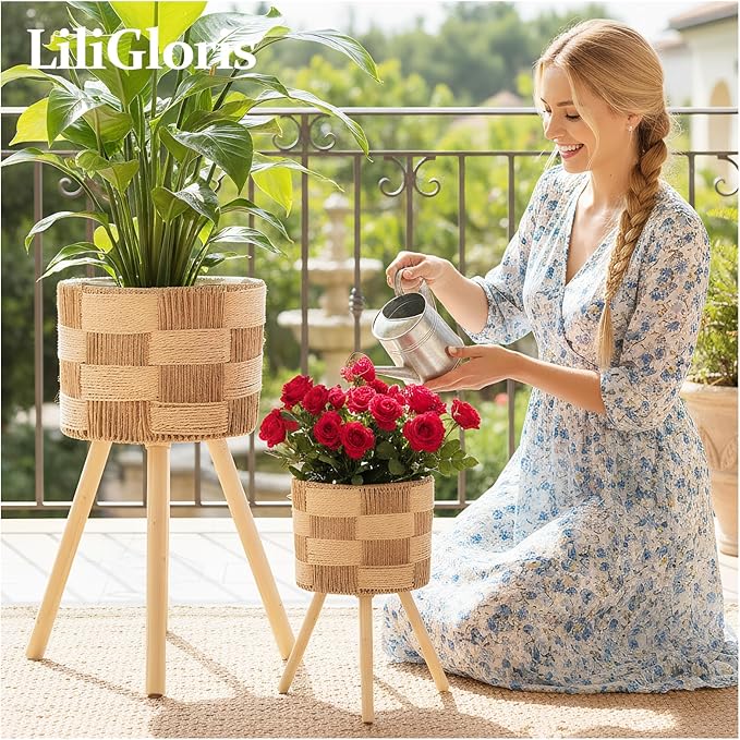 Boho Rattan Plant Stand Set of 2 – Handwoven Wicker Mid-Century Modern Floor Planter Stand for Indoor Plants, Large Farmhouse Decor, Sturdy Wood & Rope Design, Housewarming Gift
