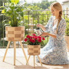Boho Rattan Plant Stand Set of 2 – Handwoven Wicker Mid-Century Modern Floor Planter Stand for Indoor Plants, Large Farmhouse Decor, Sturdy Wood & Rope Design, Housewarming Gift