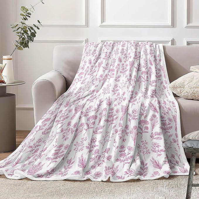 Floral Fuzzy Blanket Pink Floral Throw Blanket, Botanical Flowers Blankets, Soft, Flannel, Warm, Boho Flowers Bed Blankets All Season for Couch Bedroom Living Room 60X70 Inch