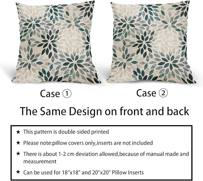 Kawani Teal Dahlia Throw Pillow Covers 22x22 Inch Turquoise Geometric Flower Decorative Square Pillow Cases Beige Tan Gray Floral Cushion Covers Farmhouse Home Decor for Sofa Couch Outdoor Set of 2