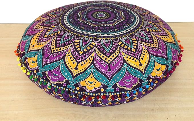 INDIAN CRAFT CASTLE ICC Meditation Floor Pillow Cover, Round Large Pillow Cover Seating for Adults, Bohemian Mandala Circle Cushion Cover for Outdoor Fireplace Yoga Living Room, 32 Inch Pink Multi