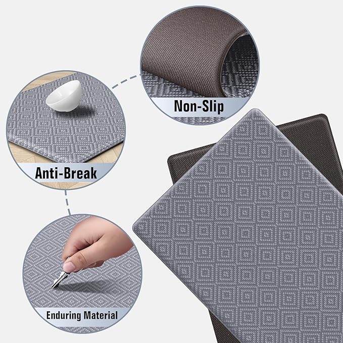 Mattitude Kitchen Mat 2PCS Kitchen Rugs Cushioned Anti-Fatigue Rug Waterproof Standing Desk Mat Kitchen Mats for Floor Kitchen Rug Set for Kitchen, Sink, Office 17.3"×30"+17.3"×59"-0.47inch Light Grey