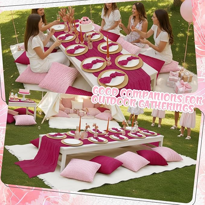 91 x 71 Extra Large Outdoor Boho Picnic Blanket with Girl Colors Table Runner, 6 Throw Pillow Covers 6 Napkins Woven Cotton Yarn Oversize Beach Blanket Washable Picnic Camp Wedding