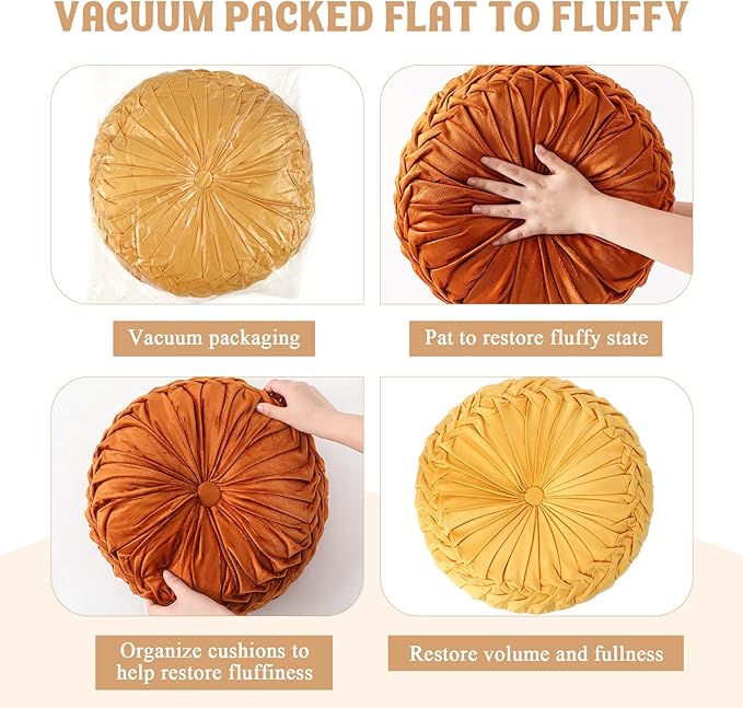 Round Throw Pillows Decorative Pleated Throw Pillows 15'' Diameter Accent Pumpkin Boho Chair Cushion for Couch Sofa Home Decoration(Burnt Orange, Yellow,4 Pcs)