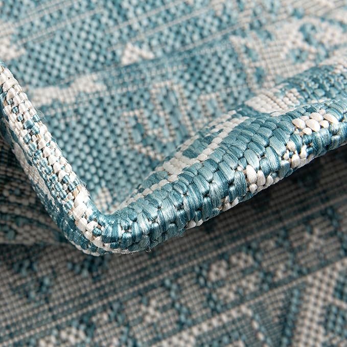 Rugs.com Outdoor Aztec Collection Rug – 8 Ft Round Aqua Flatweave Rug Perfect for Kitchens, Dining Rooms