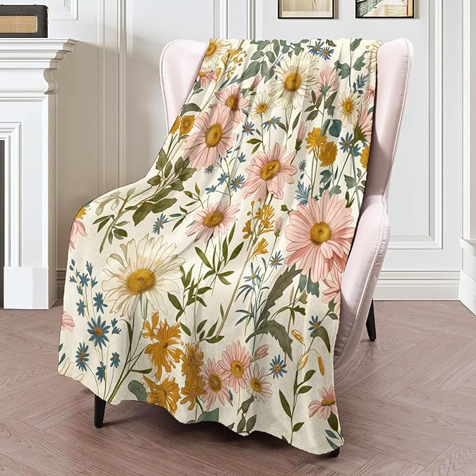 Daisy Wildflower Blanket 40×50 Inch,Vintage Botanical Floral Lightweight Flannel Throw with Soft Pink, Yellow and Blue Background,Cottagecore Garden Home Decor,Gifts for Girls,Women