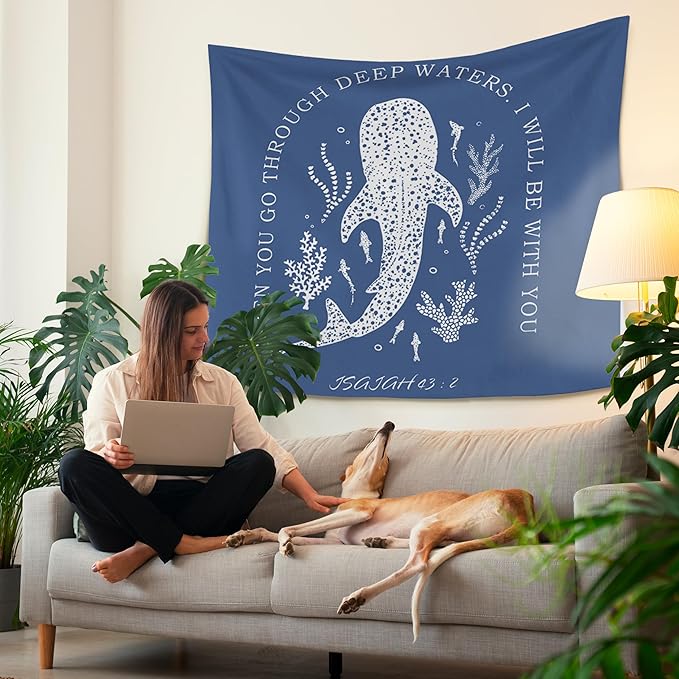 HUGANE Whale Shark Christian Tapestry, Isaiah 43:2 Bible Verse Tapestry Wall Hanging, Religious Bible Scripture Wall Blanket Backdrop Decor for Home Bedroom Living Room, 50x60 Inch,Color-C