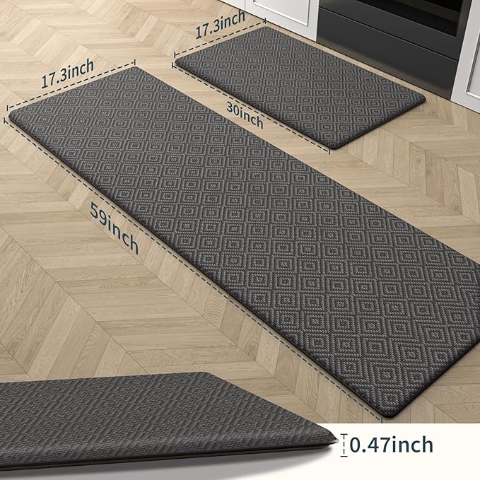 Mattitude Kitchen Mat 2PCS Kitchen Rugs Cushioned Anti-Fatigue Rug Waterproof Standing Desk Mat Kitchen Mats for Floor Kitchen Rug Set for Kitchen, Sink, Office 17.3"×30"+17.3"×59"-0.47inch Dark Grey