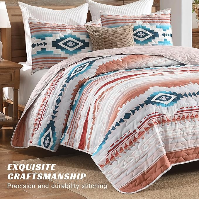 HORIMOTE HOME Southwestern Aztec Quilt Set Queen/Full Size - 3-Piece Tribal Geometric Pattern Bedspread with 2 Pillow Shams, Boho Rustic Bedding Set All Season Quilted Coverlet （Terracotta/Teal）
