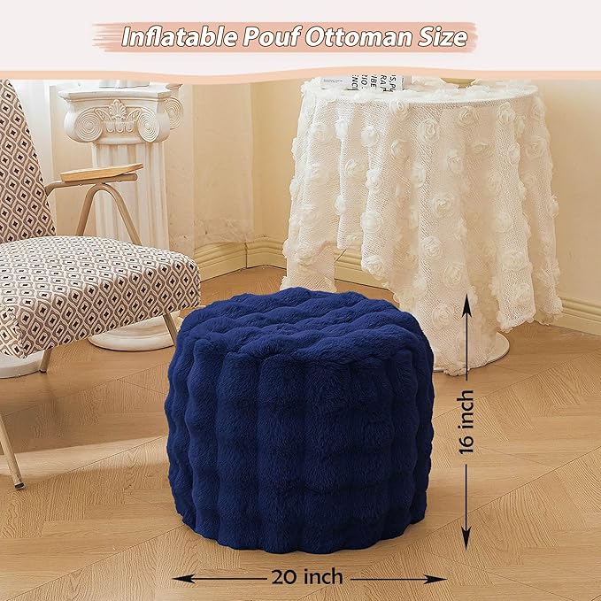 LIFEREVO Faux Rabbit Fur Round Inflatable Pouf Ottoman, 20" X 16" Plush Fuzzy Waffle Bubble Floor Poufs Foot Rest for Living Room Bedroom, Furry Pouf Foot Stool Couch Home Decor, Anti-Slip, Navy Blue