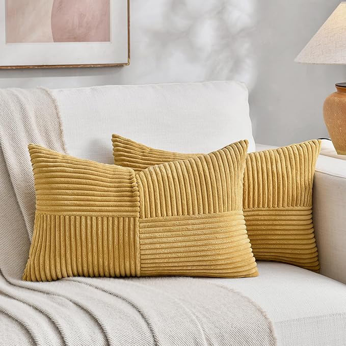 Fancy Homi 2 Packs Mustard Yellow Lumbar Decorative Throw Pillow Covers 14x24 Inch for Couch Bed, Rustic Farmhouse Boho Home Decor, Soft Striped Corduroy Rectangle Accent Cushion Case