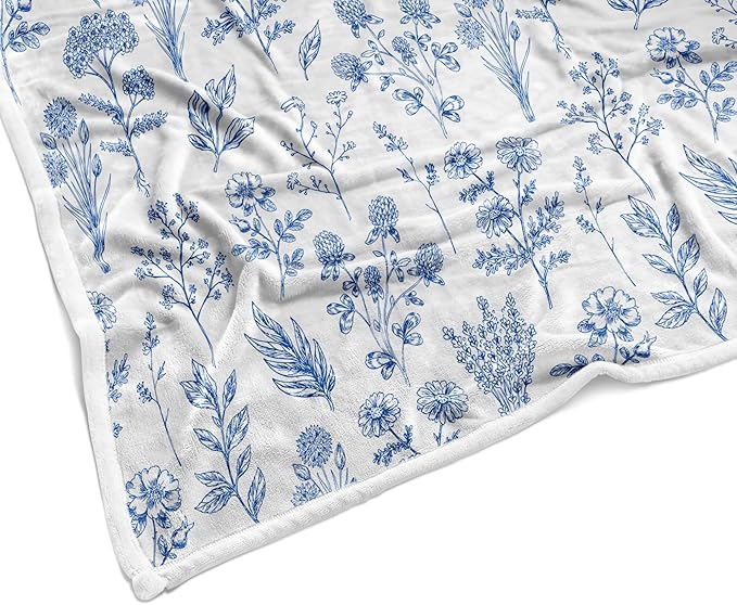 Floral Fuzzy Blanket Blue Floral Throw Blanket, Botanical Flowers Blankets, Soft, Flannel, Warm, Boho Flowers Bed Blankets All Season for Couch Bedroom Living Room 50X70 Inch