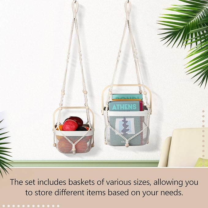 2 Sets Hanging Fruit Baskets for Kitchen 2 Size Metal Wire Mesh Basket with Boho Woven Rope Fruit Hammock Wall Hanging Vegetable Produce Basket for Kitchen Organizing Gathering Storage