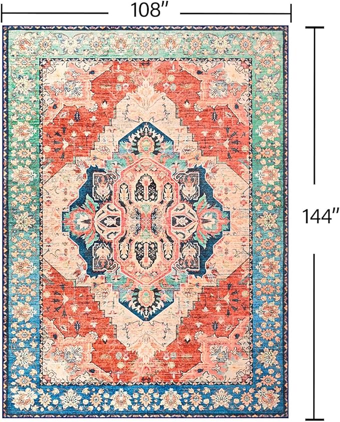 YJ.GWL Area Rugs for Living Room 9x12 Machine Washable Rugs, Non Slip Floral Vintage Rug Indoor Carpet, Stain Resistant Large Rug for Bedroom Dining Room, Red Blue Gradient Color