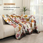 Queen Boho Throw Blanket for Bed, 100% Cotton Muslin Soft Throw-Floral Farmhouse Rustic Decor Blanket for Couch Sofa Quilt and Gift, 80" x 90"-BeigeWhite