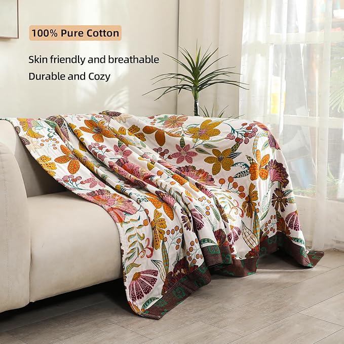Boho Throw Blanket for Bed, 100% Cotton Muslin Soft Twin Throw-Floral Farmhouse Rustic Decor Blanket for Couch Sofa Quilt and Gift, 60" x 80"-BeigeWhite