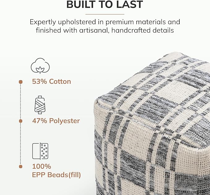 Anji Mountain Pouf Ottoman Foot Rest, Handmade Ottoman Pouf, Comfortable Foot Stool, Decorative Floor Seating for Living Room Decor, Bedroom & Home Décor Accent - Ash Lattice
