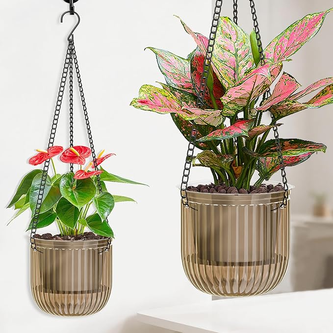 Halatool 2 Pack Hanging Planters Indoor Plant Pots, 6.5" & 8.3" Self Watering Hanging Basket Flower Pot, Translucent Plant Hanger with Drainage Holes for Garden Home Wall Decor (Starry Gray)