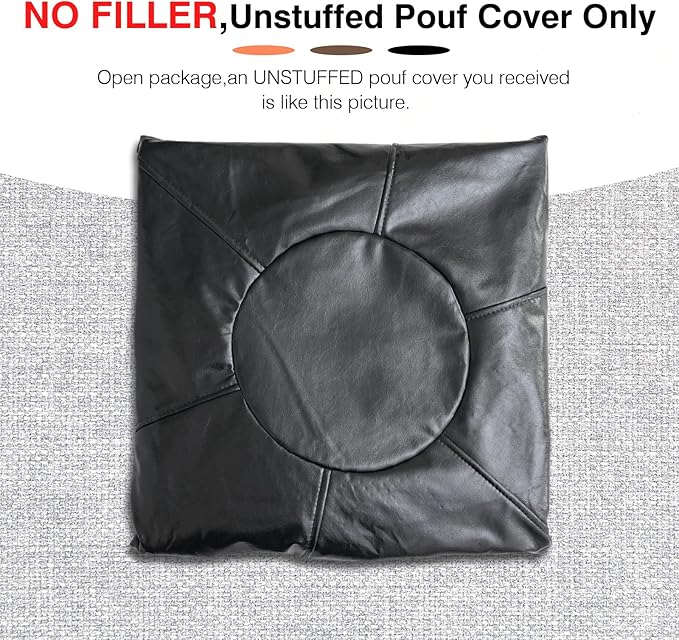 Unstuffed Ottoman Pouf Cover 20 X 15 Inch, Round Pu Leather Foot Stool, Floor Bean Bag(No Filler), Foot Rest with Storage for Living Room/Bedroom/Office, Black