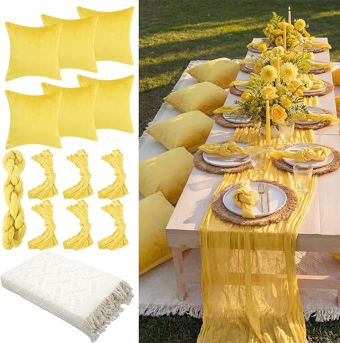 91 x 71 Extra Large Outdoor Boho Picnic Blanket with Yellow Table Runner, 6 Throw Pillow Covers 6 Napkins Woven Cotton Yarn Oversize Beach Blanket Washable Picnic Camp Wedding