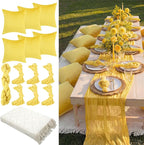 91 x 71 Extra Large Outdoor Boho Picnic Blanket with Yellow Table Runner, 6 Throw Pillow Covers 6 Napkins Woven Cotton Yarn Oversize Beach Blanket Washable Picnic Camp Wedding