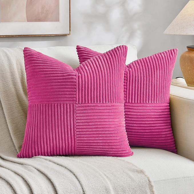 Fancy Homi 2 Packs Hot Pink Decorative Throw Pillow Covers 20x20 Inch for Living Room Couch Bed Sofa, Rustic Farmhouse Boho Home Decor, Soft Corss Corduroy Patchwork Accent Cushion Case 50x50 cm