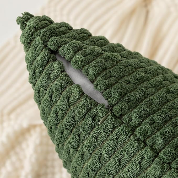 Kevin Textile Spring 14x20 Inch Pillow Cover 1 Pack Boho Decorative Soft Striped Corduroy Lumbar Farmhouse Solid Color Accent Rectangle Cushion Case for Living Room Couch Sofa Bed, Moss Green