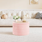 PINPLUS Ottoman with Storage, Foldable Round Ottoman Sherpa Stool with Tray, Boucle Foot Rest for Living Room, Bedroom, Dorm(Pink)