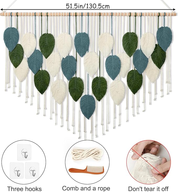 KHOYIME Macrame Wall Hanging Large Boho Home Decor, Bohemian Leaves Tapestry Modern Handmade Yarn Woven Feather Leaf Chic Wall Art Decorations for Bedroom Living Room Nursery Backdrop 51.5"W X 33.5"L