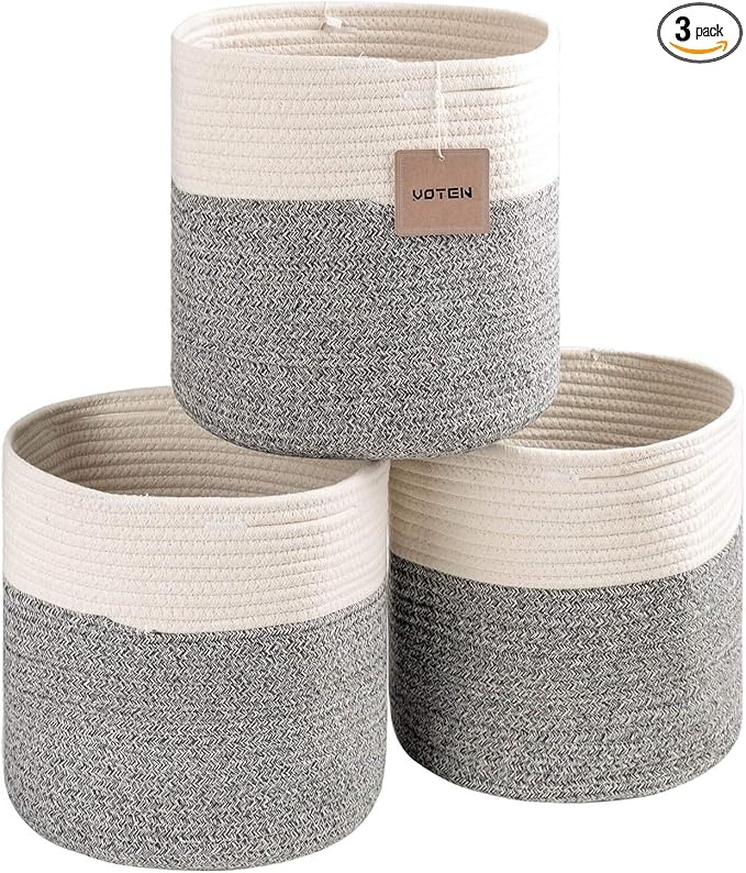 voten Storage Cubes Baskets Bins Organizer 11x11x11'' Fit 12x12''Cube Storage Organizer Bookcases Shelves,Durable Woven Cotton Storage Basket for Organizing,Round 3Pack Off White/Light Gray