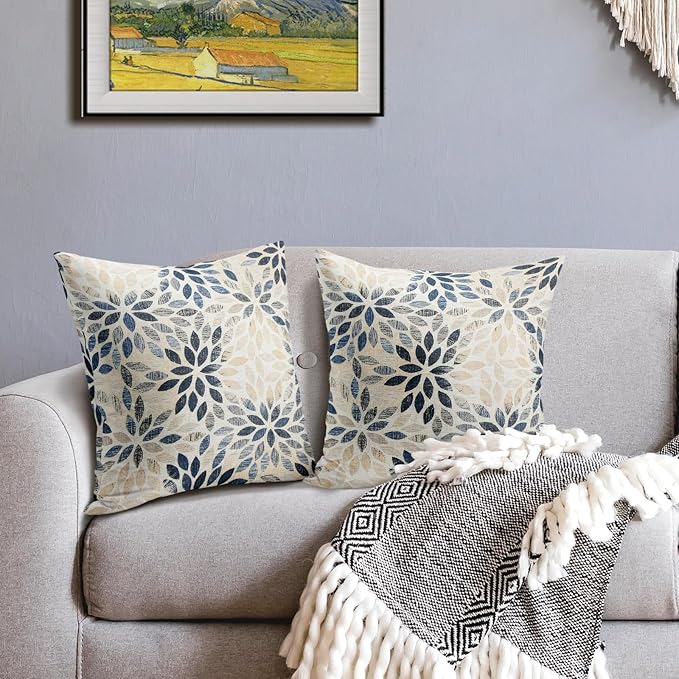 Kawani Navy Blue Dahlia Throw Pillow Covers 16x16 Inch Rustic Geometric Flower Decorative Square Pillow Cases Beige Tan Gray Floral Cushion Covers Farmhouse Home Decor for Sofa Couch Outdoor Set of 2