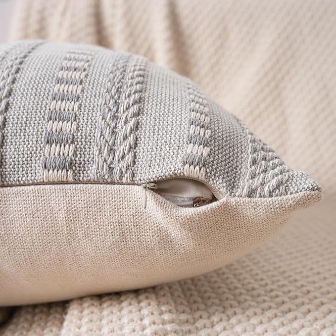 Boho Throw Pillow Covers 18x18 Inch Set of 2, Farmhouse Decorative Couch Pillow Cases, Grey Accent Pillows of Bed, Sofa Bedroom Living Room Home Decor Cushion Cover