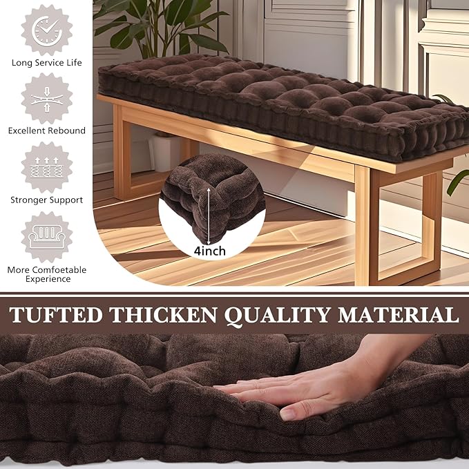 Geelin 48x18 Inch Bench Cushions for Indoor Furniture Chenille Velvet Brown Button Tufted Thicken Seat Pad Mat with Memory Foam, Window Floor Sofa Chair Cushion for Living Room Patio Porch Swing