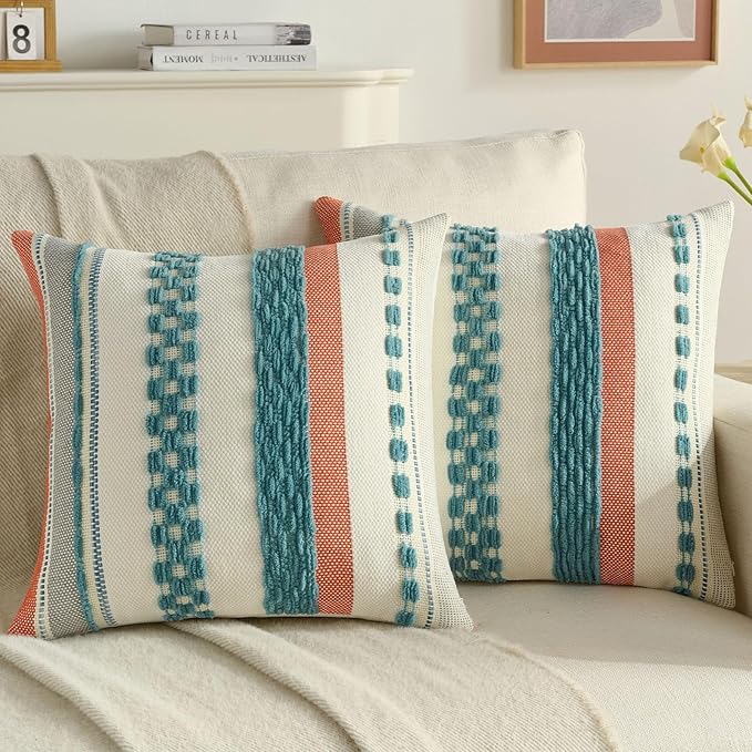 FUTEI Teal Decorative Throw Pillow Covers 20x20 Inch Set of 2, Soft Tufted Striped Textured Accent Cushion Case,Boho Pillows for Couch Decor