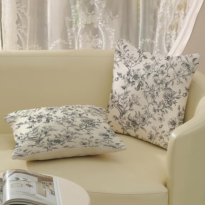 Black and Cream Pillow Covers 16x16 Set of 2 Vintage Floral Chinoiserie Throw Pillows Rustic Toile Flower Decorative Pillow Cases Outdoor Chinoiserie Decor Linen Cushion Case for Couch Sofa