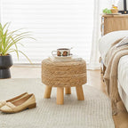 Round Ottoman Natural Seagrass Footstool, Round Footstool with 4 Wood Legs, Hand Woven Round Footstool Sofa Stool, Multifunctional Modern Dressing Stool, Sofa Side Table for Bedroom (Nature)