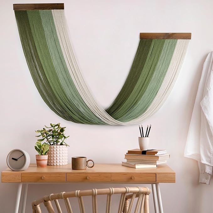 EOBTAIN Large Macrame Wall Hanging Art Decor,Boho Gradient Green to White Cotton Woven Tassel Tapestry for Bedroom Living Room Decor,Handmade Ombre Wall Art Home Decoration,Fashional Gift
