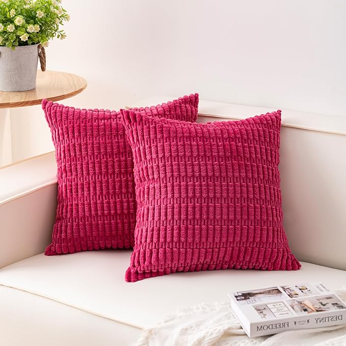 Pack of 2 Corduroy Decorative Throw Pillow Covers 24x24 Inch Soft Striped Pillow Covers Modern Farmhouse Home Decor for Sofa Living Room Couch Bed（Rose Red）