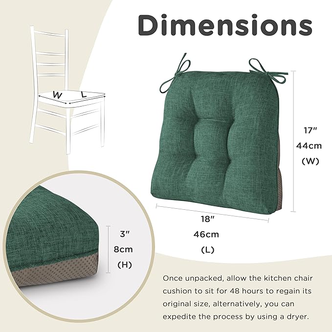 AddGrace Chair Cushions for Dining Chairs Set of 4 Kitchen Seat Cushions with Ties and Non Slip Backing Tufted Indoor Seat Pad for Kitchen Dining Room 18" x 17" x 3" Dark Green