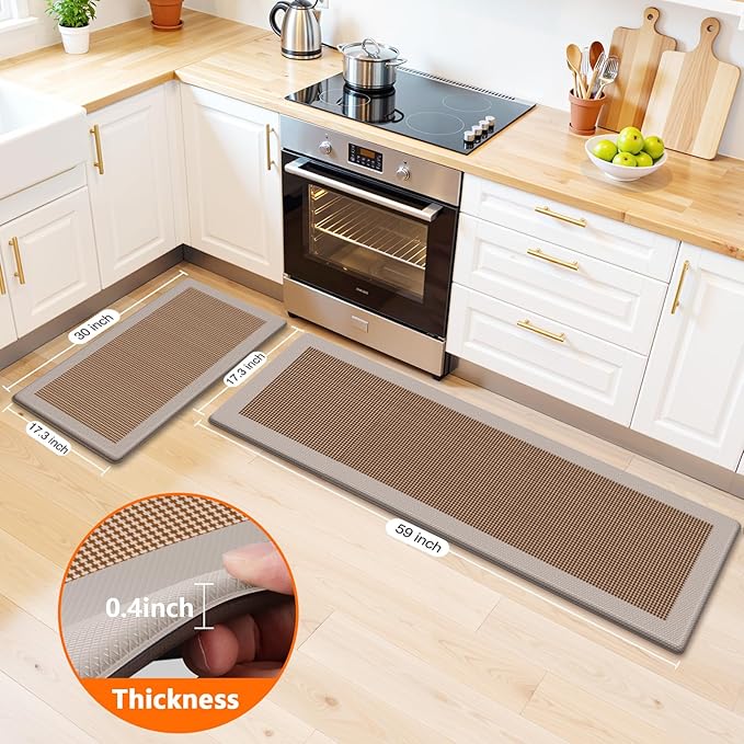 Kitchen Mats, 2PCS Kitchen Rugs for Floor, Cushioned Anti-Fatigue Mats for Kitchen Floor, Non-Slip Standing Desk Mat for Sink, Home, Laundry & Office, 17.3"x30"+17.3"x59" (Khaki)