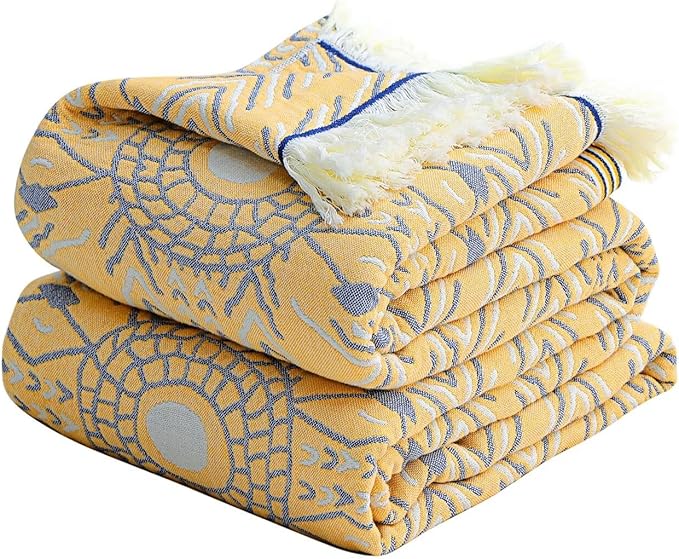100% Cotton Soft Boho Throw Blanket for Bed 60x80,Muslin Breathable Lightweight Gauze Spring Blankets for Couch Sofa All Seasons,Bohemian Decor Floral Quilt Rustic Throw Blanket,Yellow
