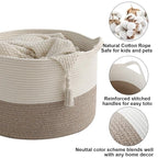 115L Large Blanket Basket,23.6" L x 23.6" W x 15.7" H Rope Woven Baskets with Handles, Toys Storage Bins,Laundry Basket Perfect for Living Room, Nursery,Bedroom,Home Organization,White&Brown