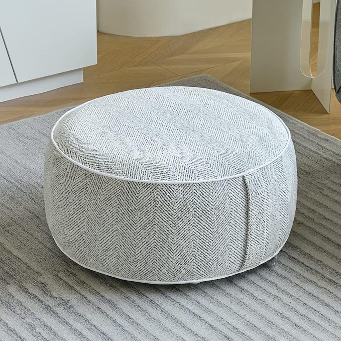 Inflatable Pouf Ottoman, 21x10 Inches Stuffed Chenille Ottoman with Inflatable PVC Liner, Foot Rest with Portable Handle, Round Floor Pillow for Living Room, Bedroom, Kids Room