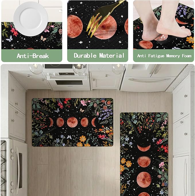 Kitchen Rug Mats for Floor Cushioned Anti Fatigue Black Kitchen Rugs Sets of 2 Moon Garden Floral Non Slip Waterproof Comfort Memory Foam Standing Floor Mat for Office Laundry Sink Desk