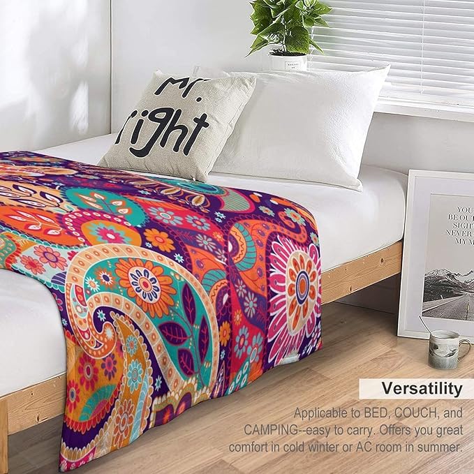 Boho Paisley Floral Throw Blanket Mandala Indian Bohemian Colorful Flowers Blanket for Sofa Bed Couch Chair Or Dorm 50"x60"