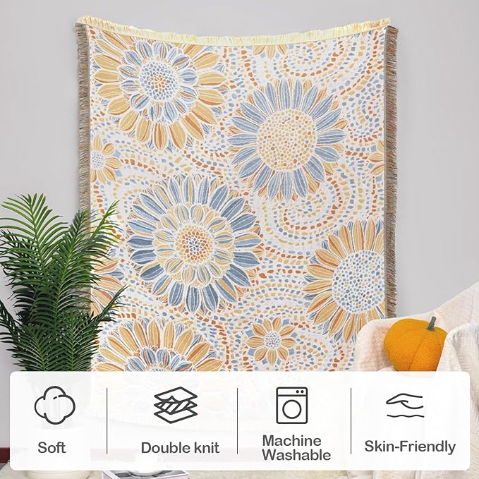 Snycler Flowers and Plants Throw Blanket for Bed 50 * 60inch Woven Blanket Cotton Polyester Farmhouse Decor for Indoor Outdoor Sofa Bedroom Garden，All Season （Sunflower）