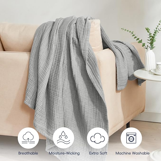 PHF 100% Cotton Muslin Throw XL Blanket Large 50" x 70", 4-Layer Lightweight Gauze Throw, Breathable Cloud-Soft Minimalist Blanket for Bed, Couch, Camping & Baby, Light Grey, Ideal Gift